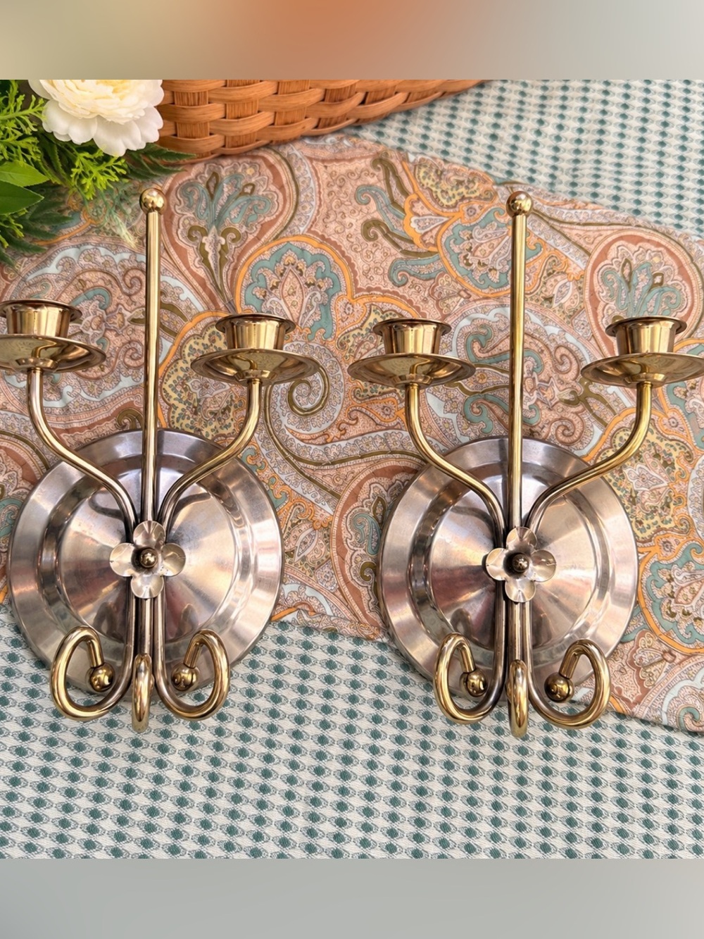 Vintage Brass Silver Tone Double Candle Sconces Wall Decor Set of 2 Floral Hooks